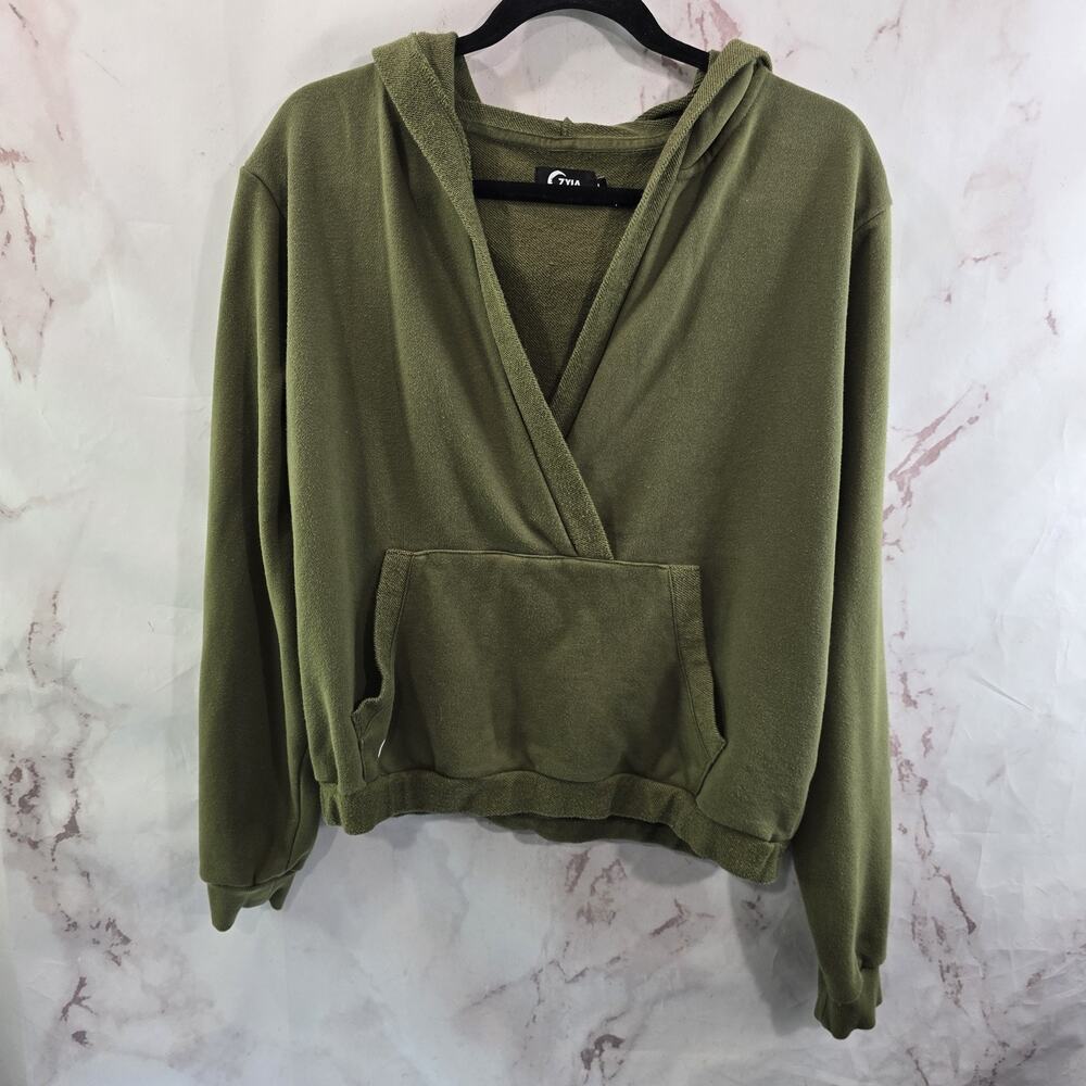 Zyia Active Hoodie Womens Large Green Pullover Sweatshirt Spellout Cropped Crop